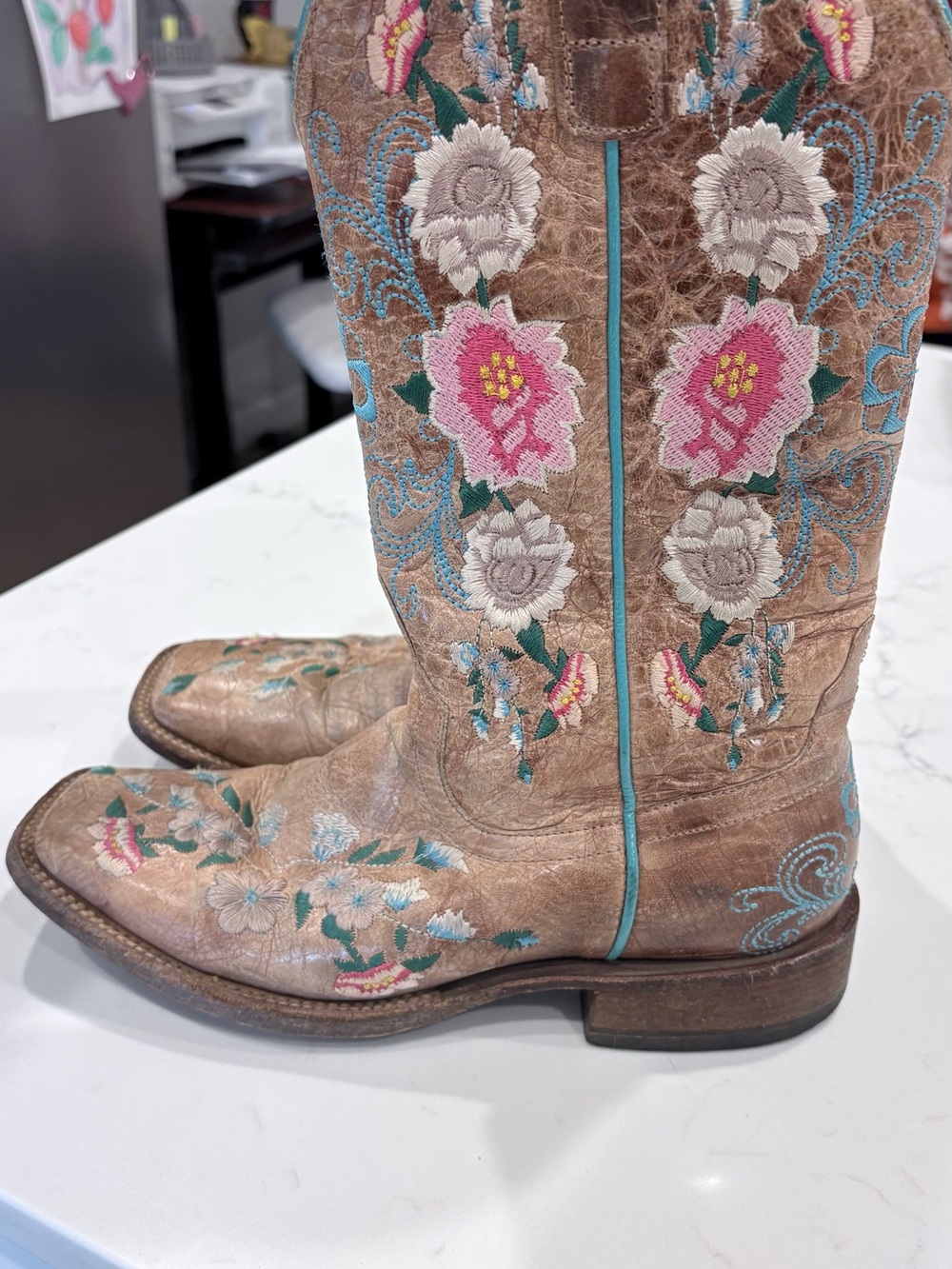 Boots Women's Embroidered Floral Western Heeled Boots - Brown, Pink, Turquoise